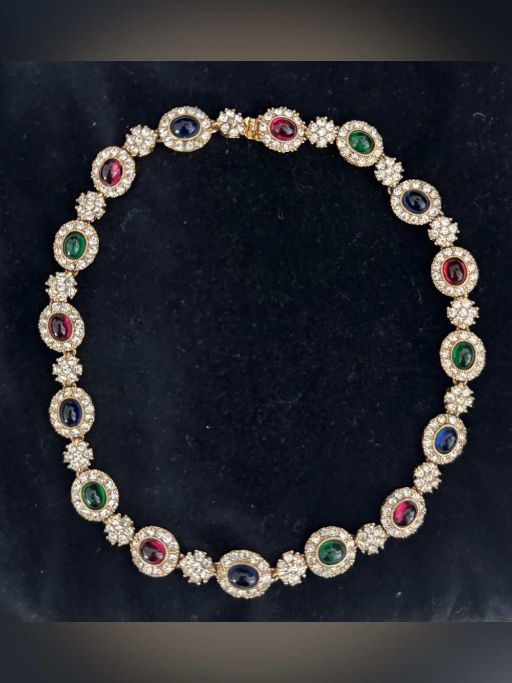 CINER ~ Gold Tone Multicolor Stone & Clear CZ Halo Vintage Necklace Box Clasp